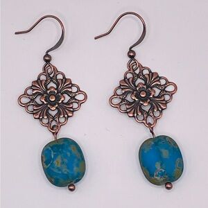 Caribbean Blue Czech Bead and Antique Copper accent charm